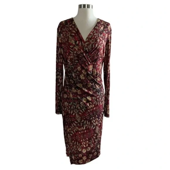 Peruvian Connection Botanical Leaf Print Faux Wrap Dress Size Medium - Picture 3 of 12